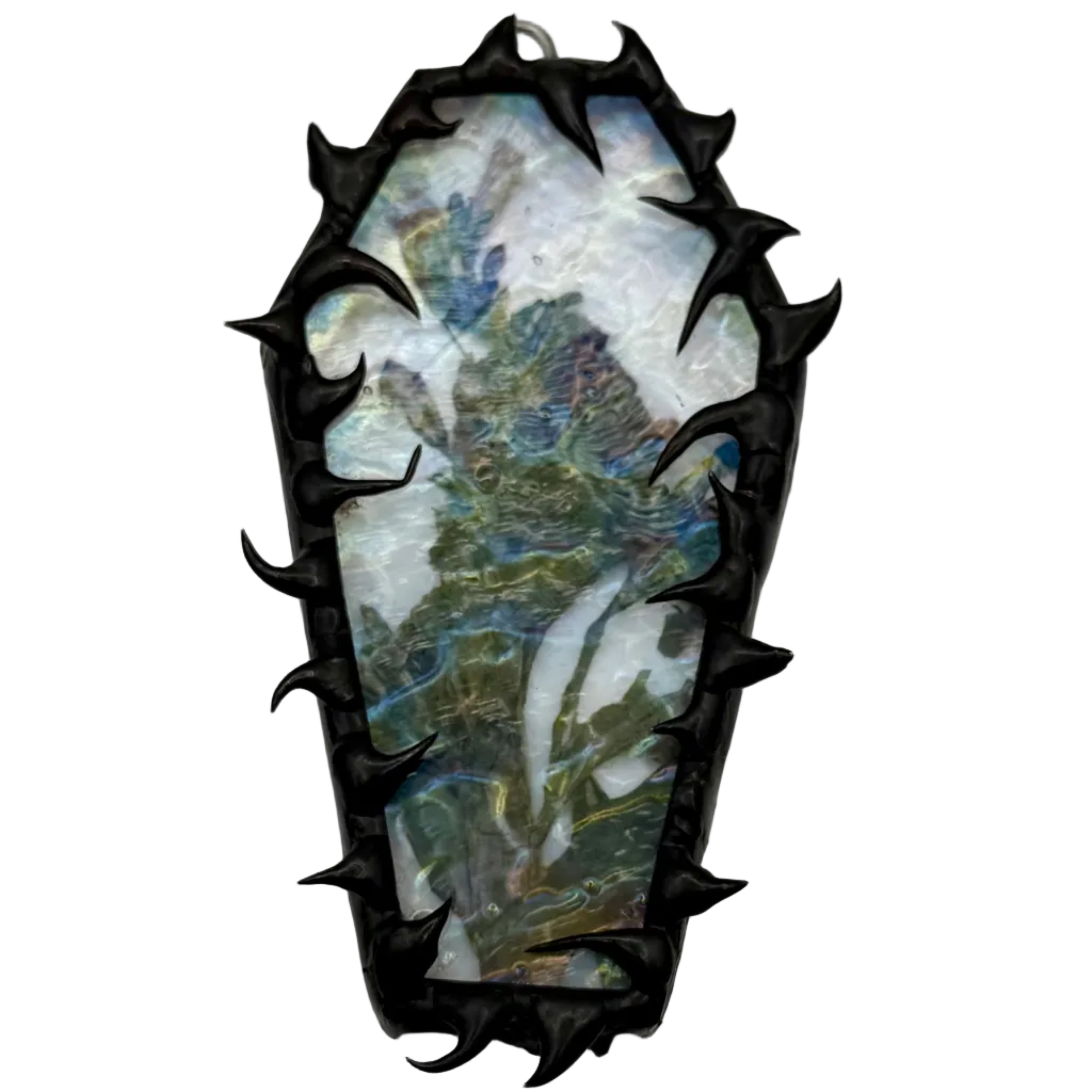 Buds through iridescent textures coffin