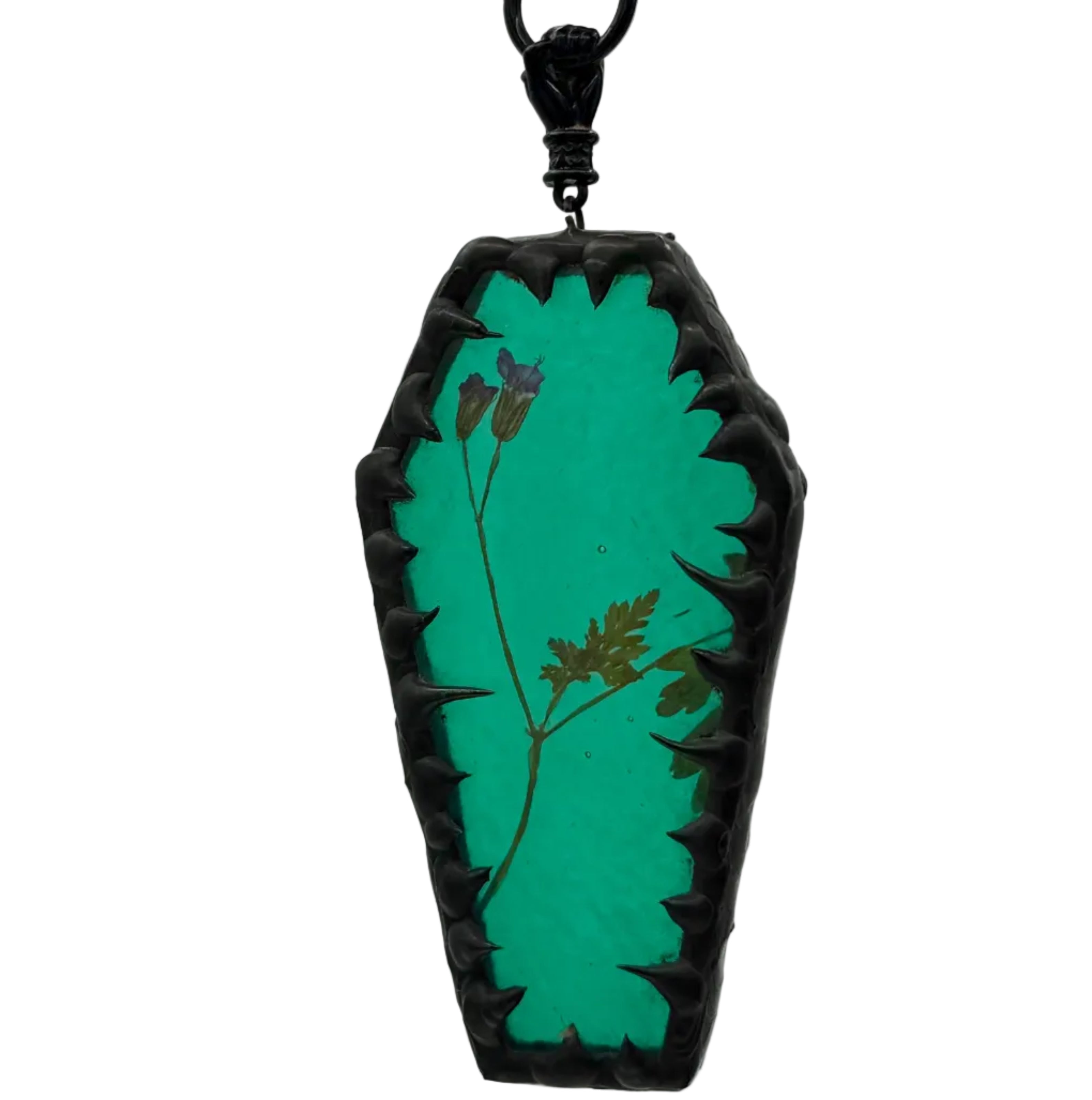 Tiny purple flower coffin with hand charm
