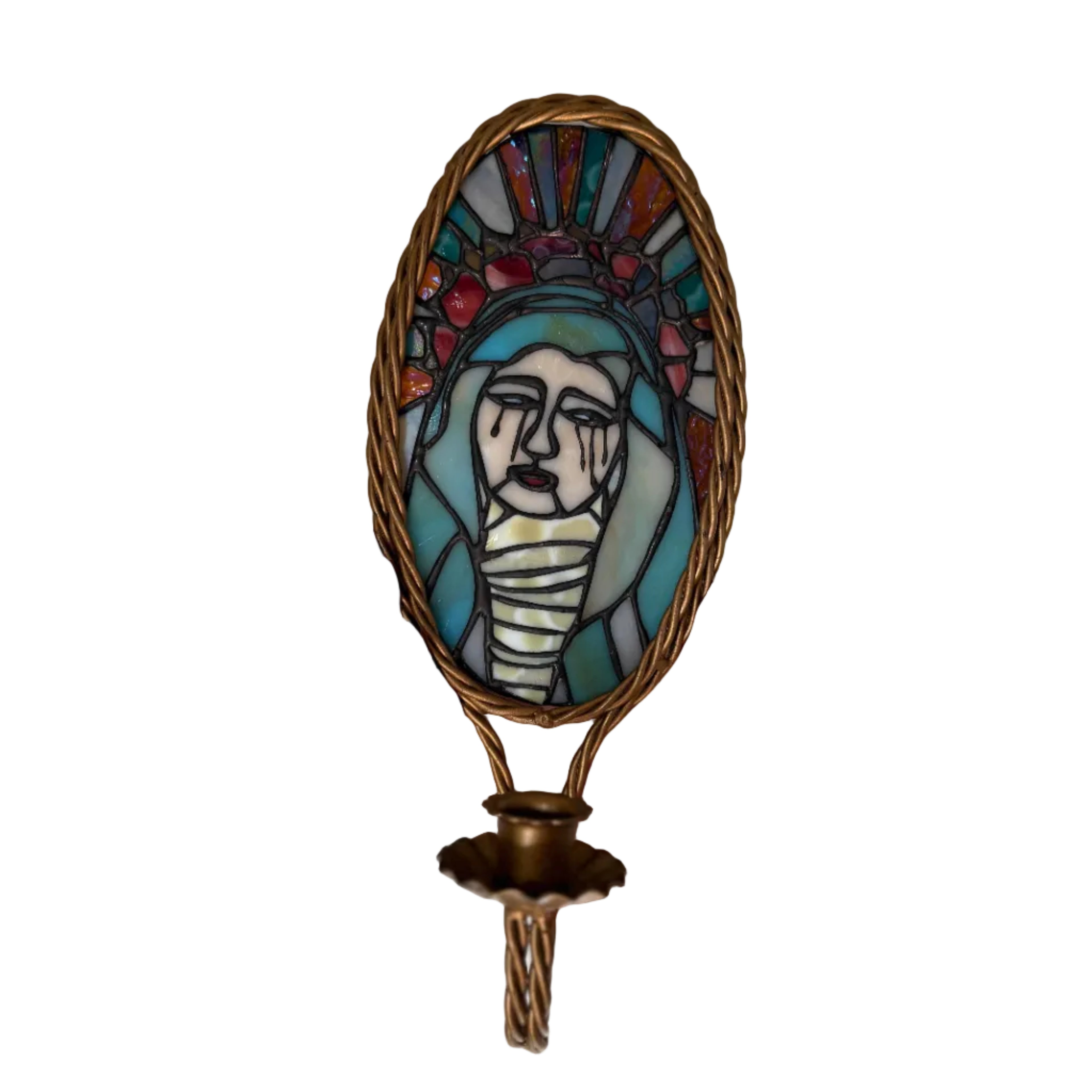 Weeping Madonna stained glass wall sconce