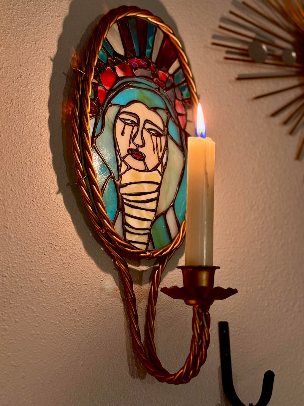 Weeping Madonna stained glass wall sconce