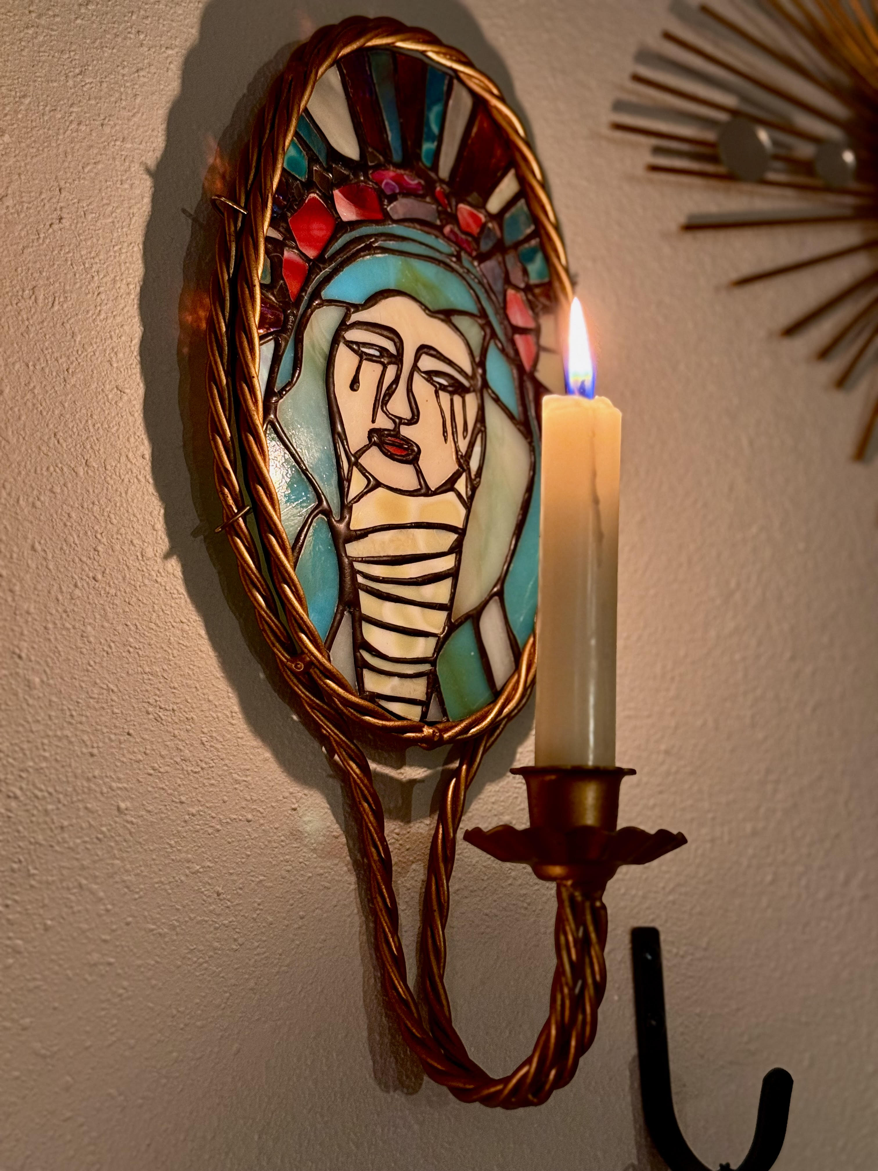 Weeping Madonna stained glass wall sconce